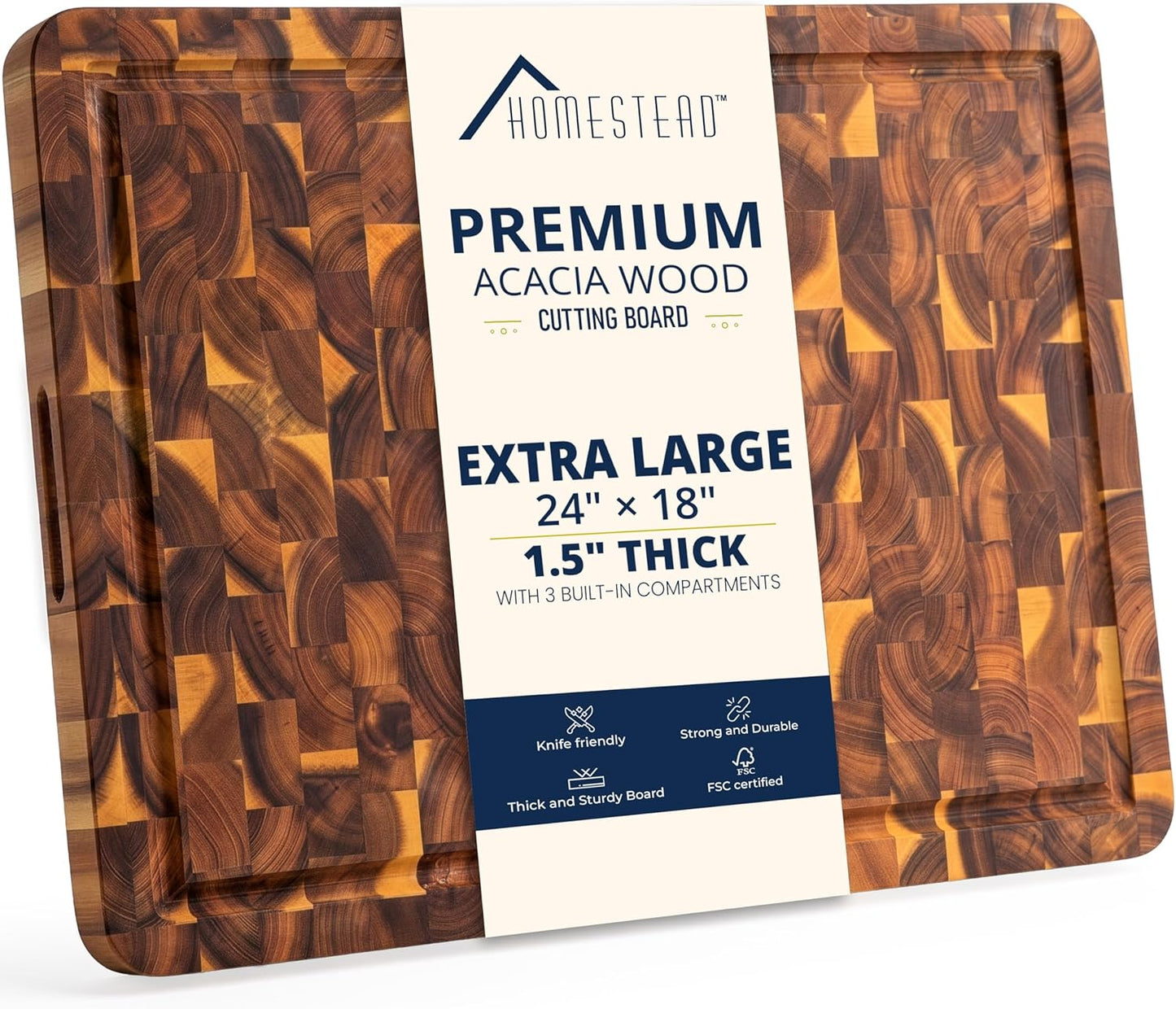 HOMESTEAD End Grain Acacia Wood Cutting Board for Kitchen 23x18x1.5 in, Large Butcher Block Chopping Board for Meat Vegetables with Juice Groove, Handles and Knife-Friendly Surface