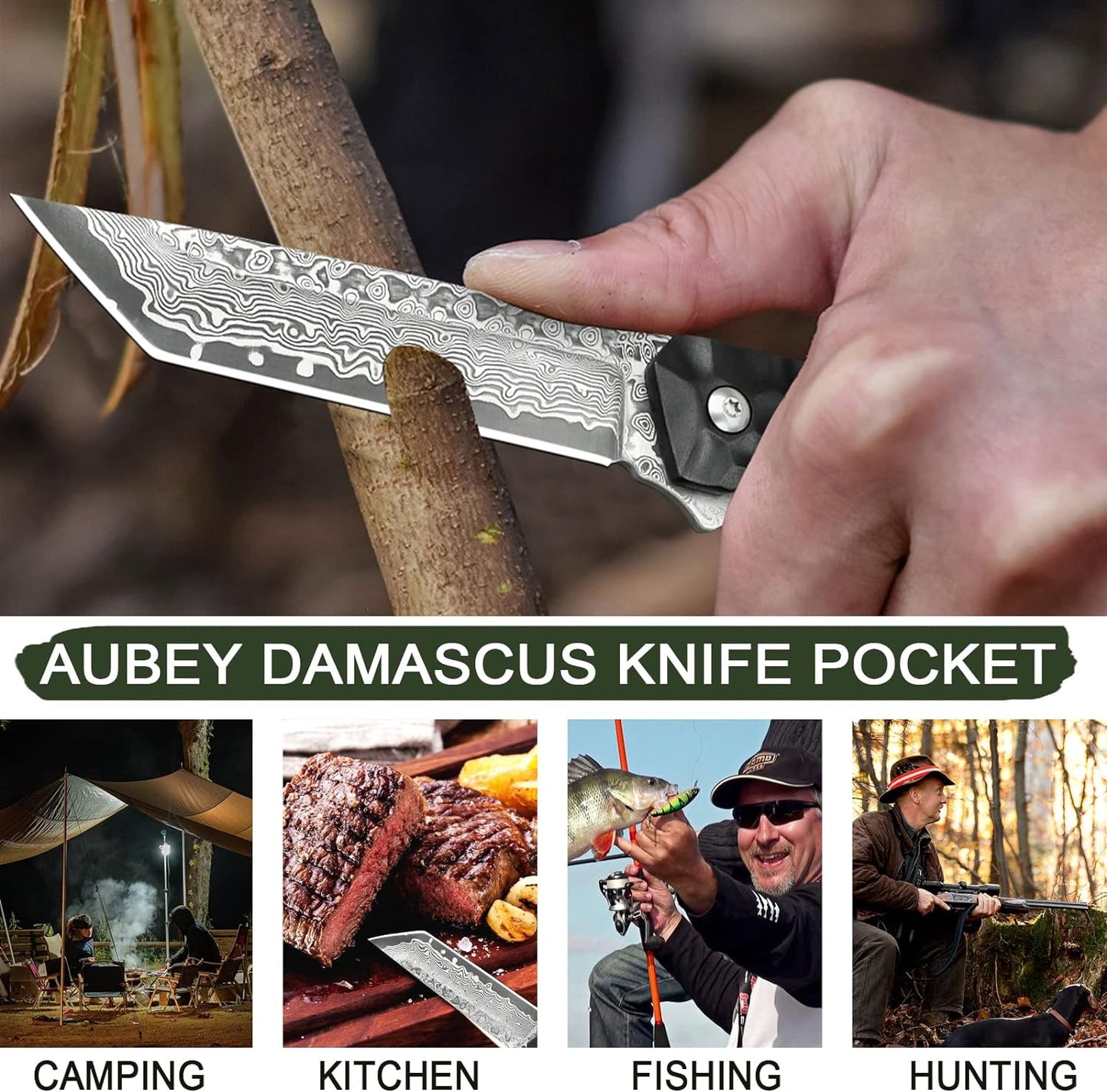 AUBEY Damascus Pocket Knife with Clip, Sharp Tanto Blade with VG10 Core Folding Knife with Abalone Shell Handle and Glass Breaker, EDC Camping Knife for Gift Survival Collection