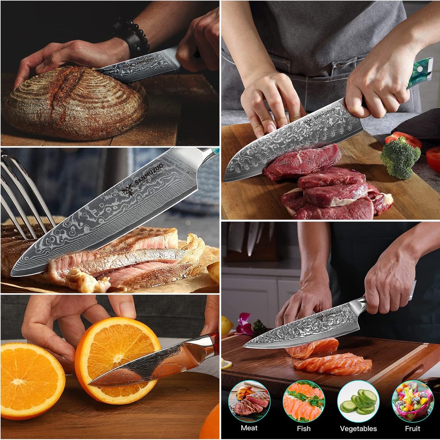 Steak Knives Set of 4, Ultra Sharp Non Serrated Kitchen Steak Knife 5 Inch - Damascus Steel & Resin Handle - Xuan Series (Sapphire Blue)