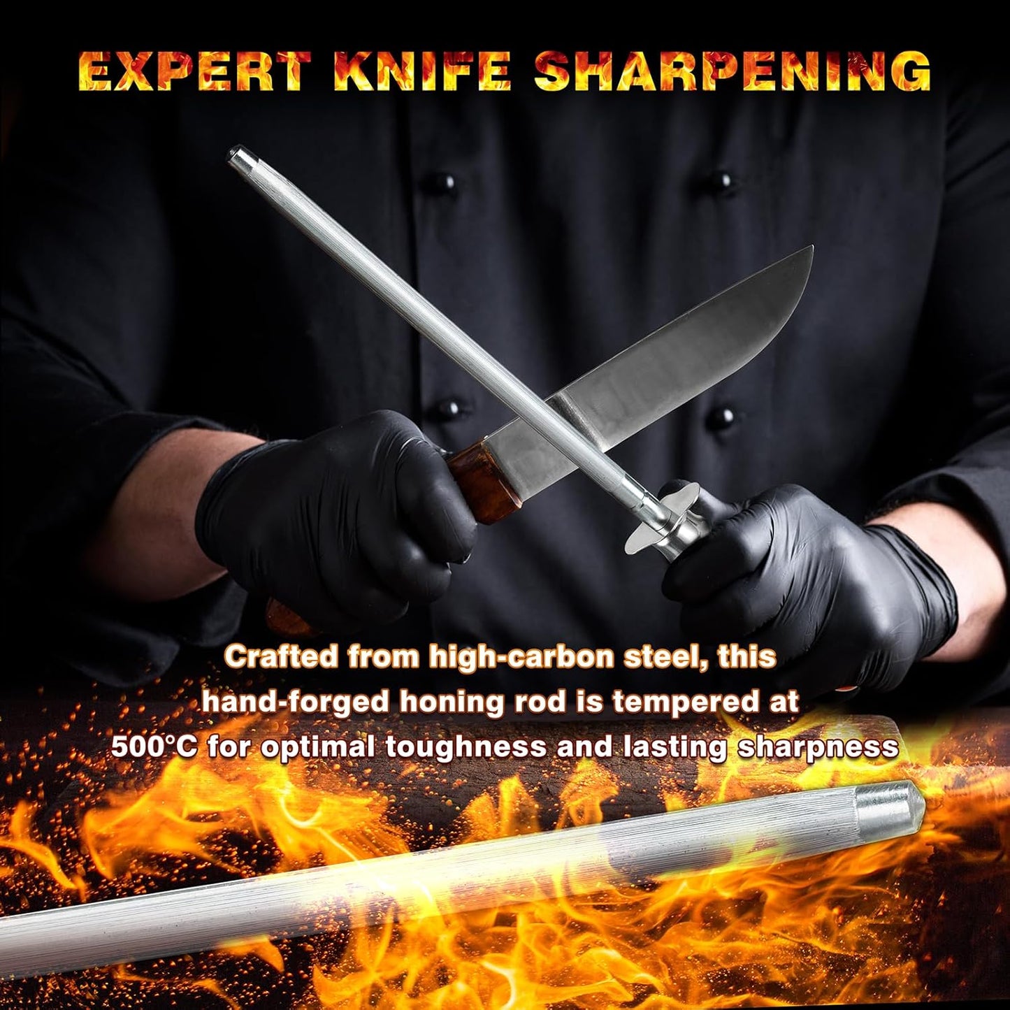 Knife Sharpener Rod, 13 Inch Carbon Steel Honing Steel for Kitchen Knives, Professional Magnetized Sharpening Stick with Nickel-Chrome Plating, Easy Grip Tool for Chef Knives