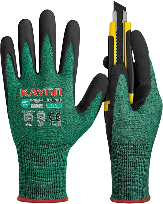 KAYGO 3 Pairs Cut Resistant Gloves, Safety Work Gloves KG18NCG,MicroFoam Nitrile Coating for Construction Automotive Warehouse
