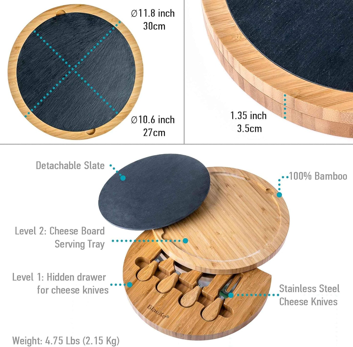 Bamboo Cheese Board and Knife Set 14x11 inch – Wood Cheese Cutting Board, Serving Tray Platter, Charcuterie Board Set with 4 Cheese Knives – BlauKe®