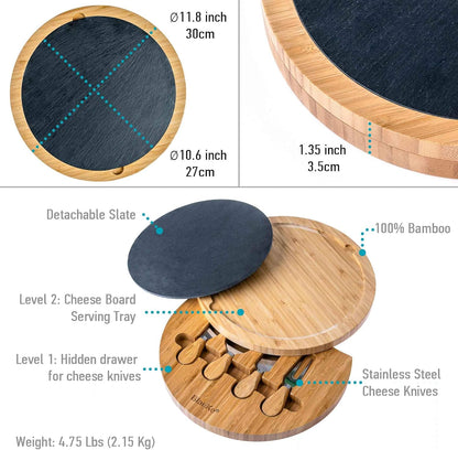 Bamboo Cheese Board and Knife Set 14x11 inch – Wood Cheese Cutting Board, Serving Tray Platter, Charcuterie Board Set with 4 Cheese Knives – BlauKe®
