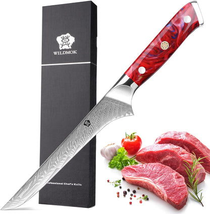 WILDMOK Damascus Boning Knife, 7 inch Super Sharp Fillet Knife, Japanese Damascus Steel, Full Tang Resin Handle, Includes Gift Box