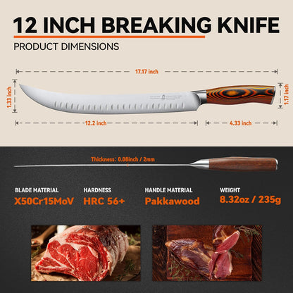 TUO Butcher Knife - 12 Inch Breaking Butcher s Knives Curved Granton Edge Carver Slicing Knife Long Meat Veggies Cleaver - German HC Steel Comfortable Pakkawood Handle - Fiery Series Gift Box Included