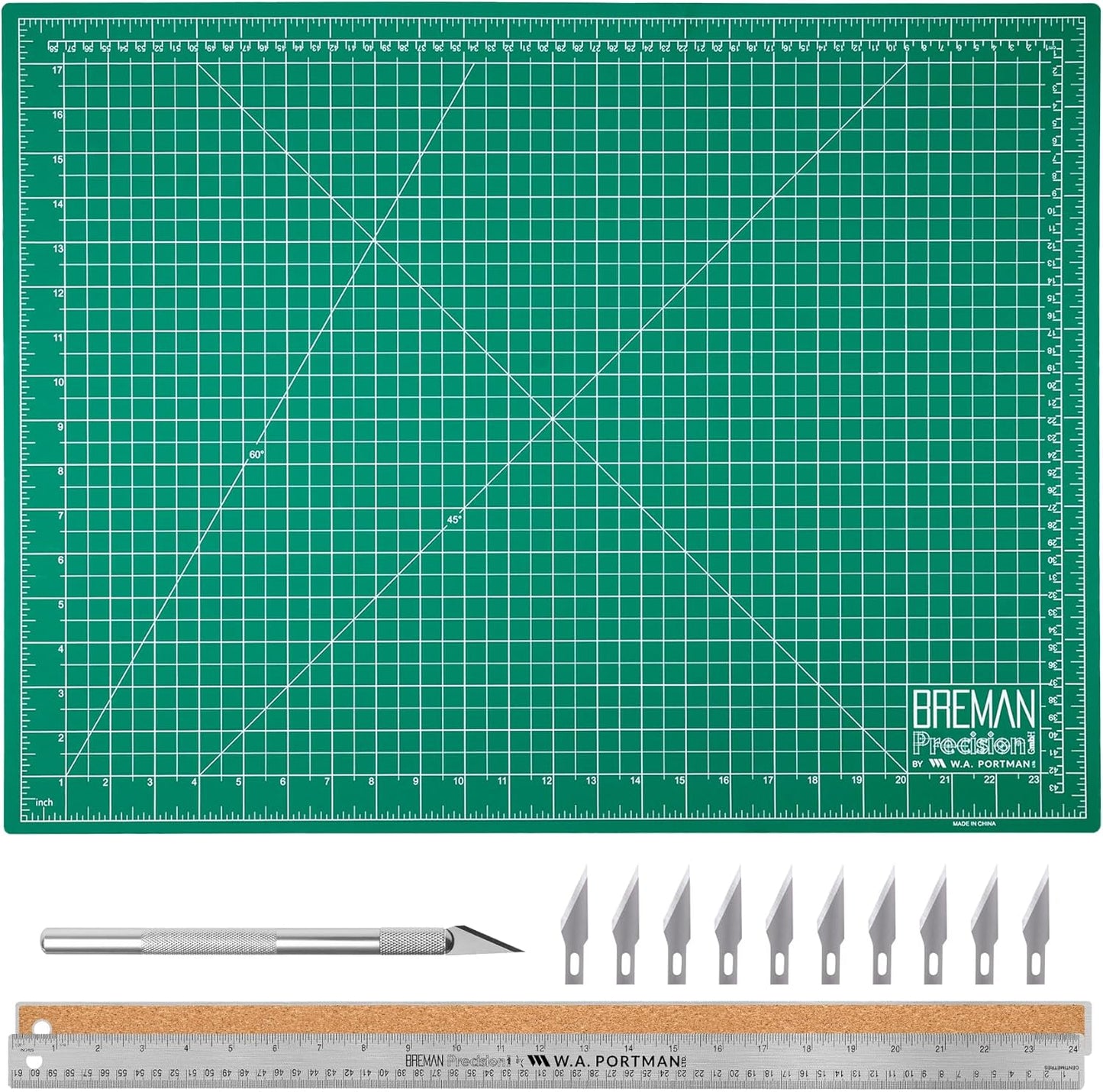 WA Portman 9x12 Inch Self Healing Cutting Mats for Crafts – Fabric Cutting Mat with Precision Craft Knife, 10#11 Hobby Knife Blades & Metal Ruler 12 Inch Cork Backed Ruler – All-in-One Craft Kit