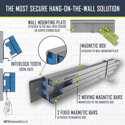 Magnetic Knife Holder for Wall 16 inch Extends up to 30 inches 4 Strip Neodymium Magnetic Rack with 10 Hooks for Kitchen Utensils Organize. No Drill. Tools Holder
