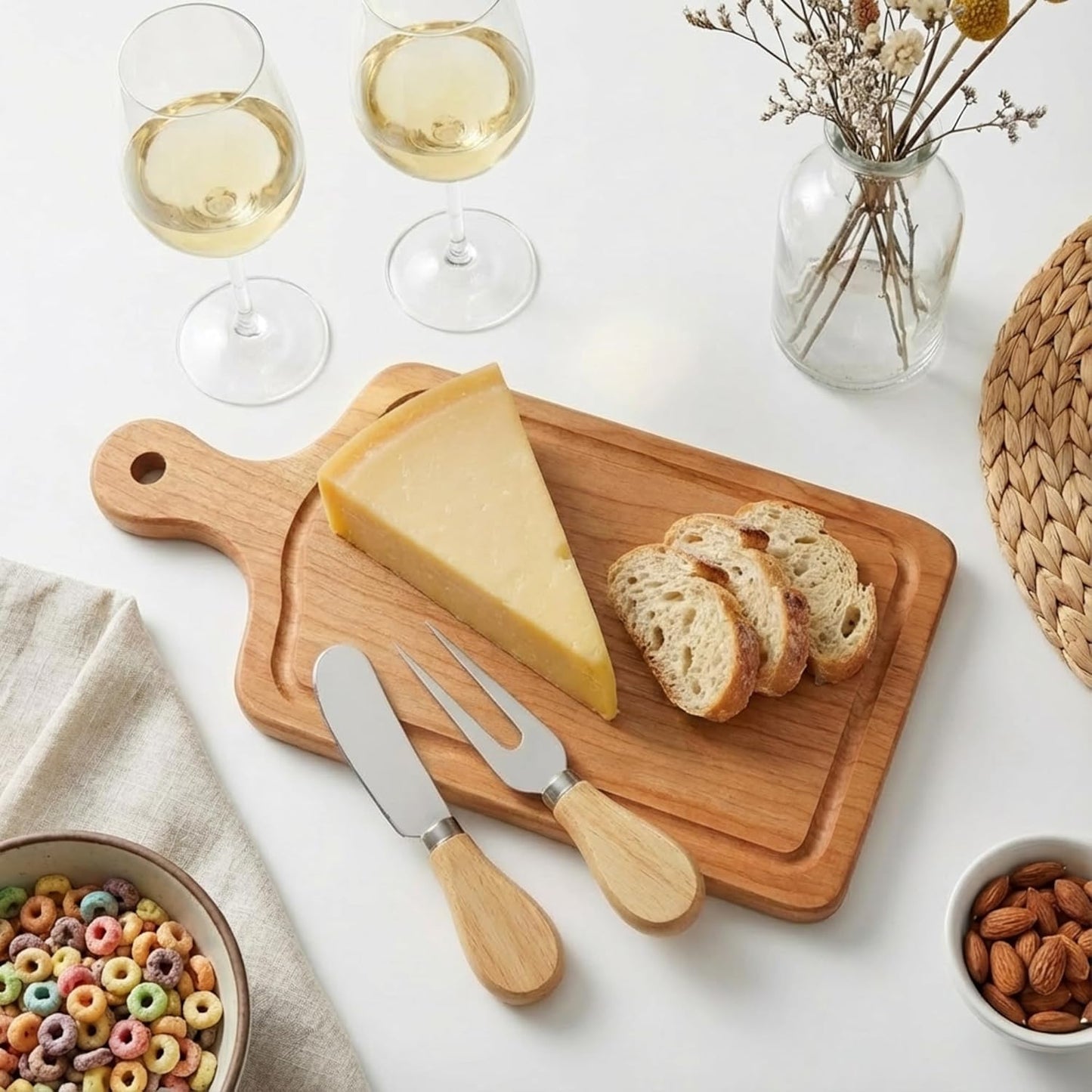 1 Set Bridal Baby Shower Cheese Prizes Wooden Square Board Gift Set Knives Forks Thank You Tags with Box for Guests for Valentines Bridal Baby Shower Housewarming Gifts (Acacia Color)