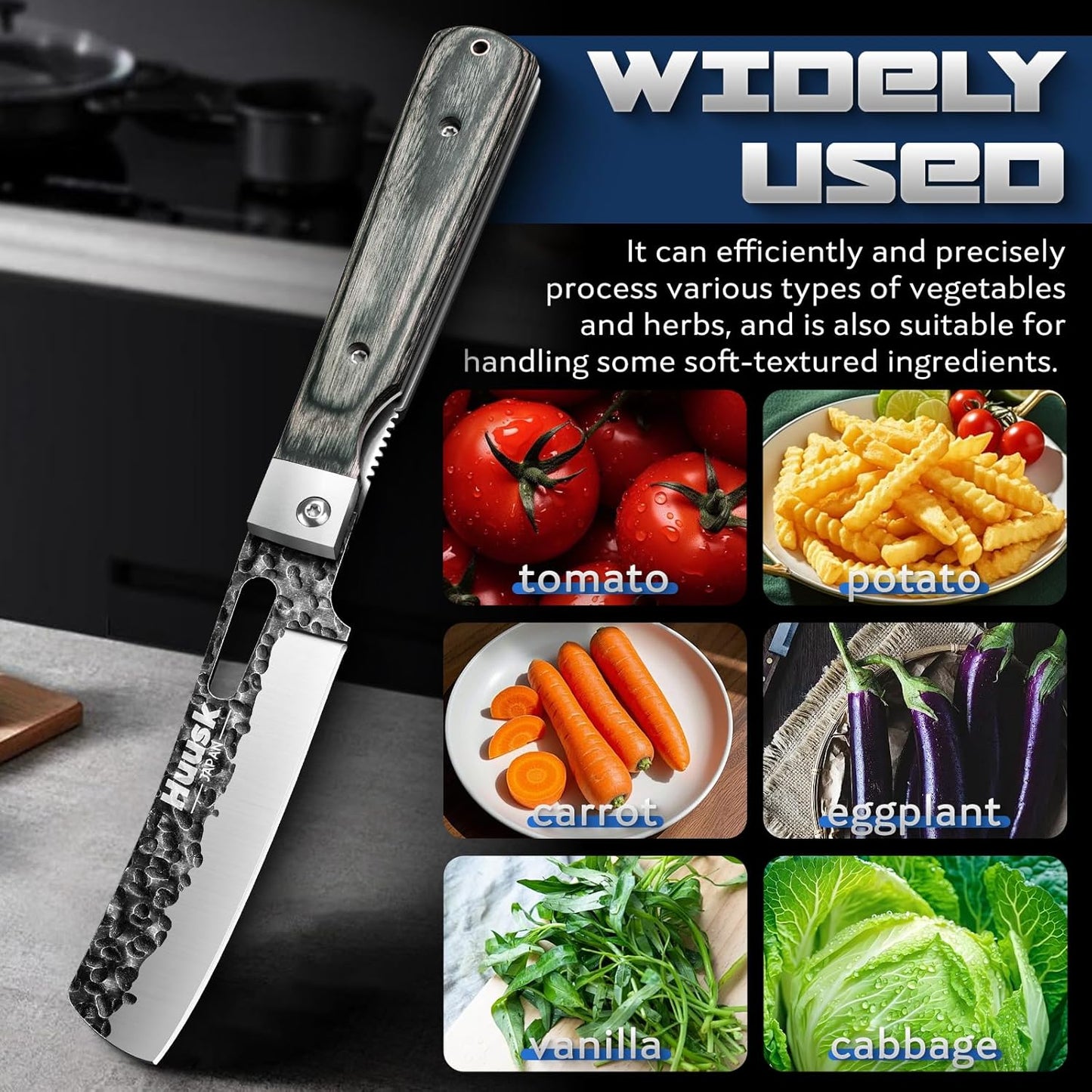 Huusk Folding Chef Knife Set - Japanese Hand Forged Pocket Knife Set - Including Nakiri, Santoku, Bread and Fruit Knives - Gifts for Men and Women