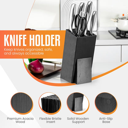 Acacia Wood Angled Knife Block with Multi-Purpose Holder – Universal Kitchen Knife Storage with Removable Bristle Insert (Honey brown, regular medium)