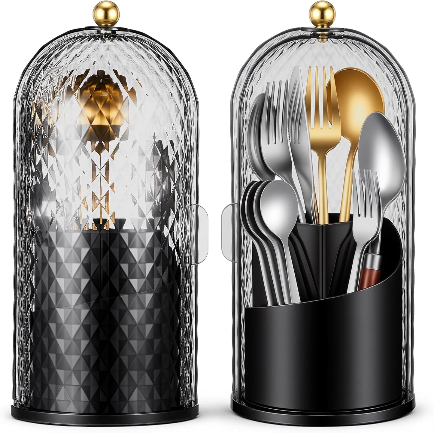 2 Pack 360° Rotating Silverware Organizer, Utensil Holder with Lid for Kitchen Counter Silverware Caddy with Drainage Dustproof Flatware Holder for Cutlery Spoon Fork(Diamond White,3 Slot)