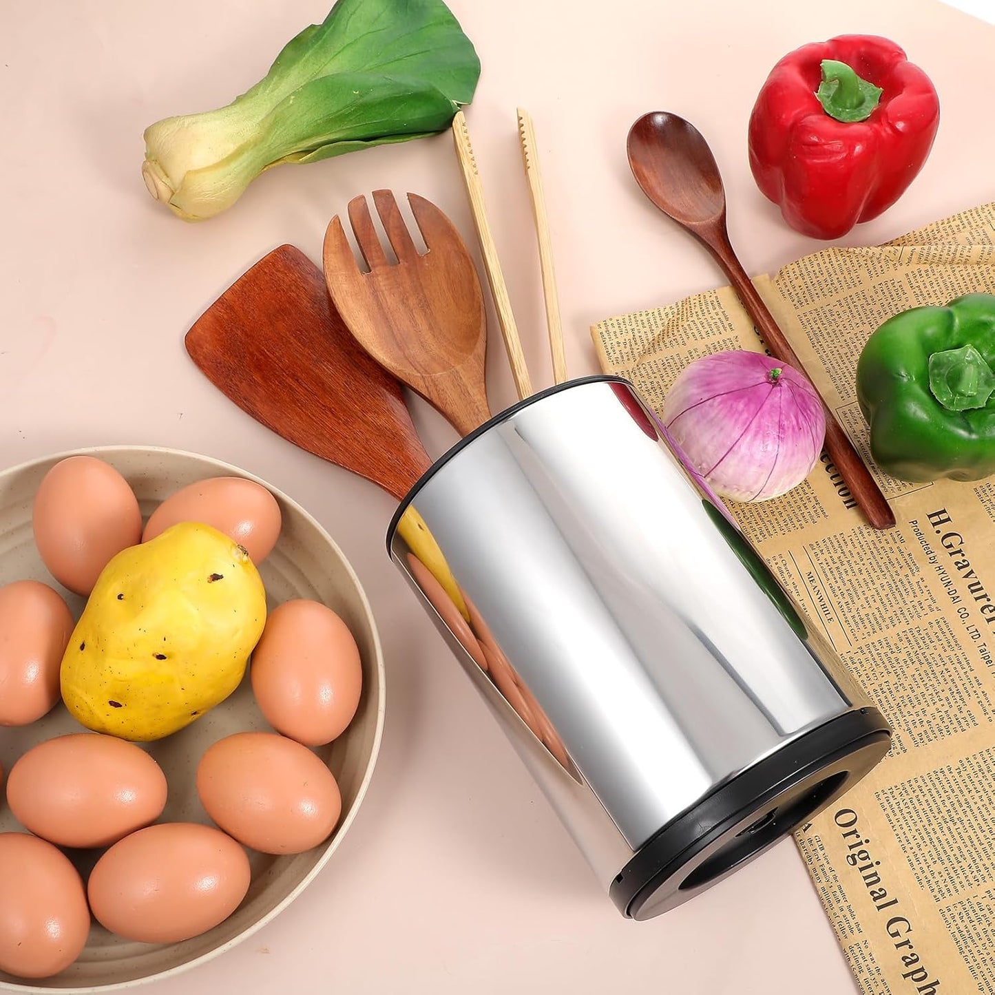 2 Pack 360° Rotating Stainless Steel Utensil Holder for Countertop, 4-Compartment Kitchen Organizer with Non-Slip Base, Large Capacity Spoon Fork Knife Crock for Cooking Tools Storage
