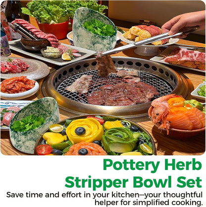 Pottery Herb Stripper Bowl Set – 2 Piece, Including 5-Blade Stainless Steel Herb Cutter Scissors, Herb Stripping Tool & Handmade Pottery Herb Stripper Bowl, For Stripping Leaves and Rhizomes (Green)