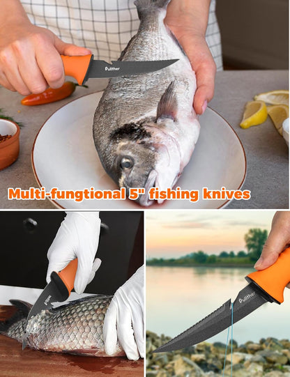 2 pcs Fillet Knife for fish,7 Inch Fillet Knives and 5 Inch Stainless Steel Fishing Bait Knife with Magnetic Protective Sheath,Fishing Gear Set with Non-Slip Handle