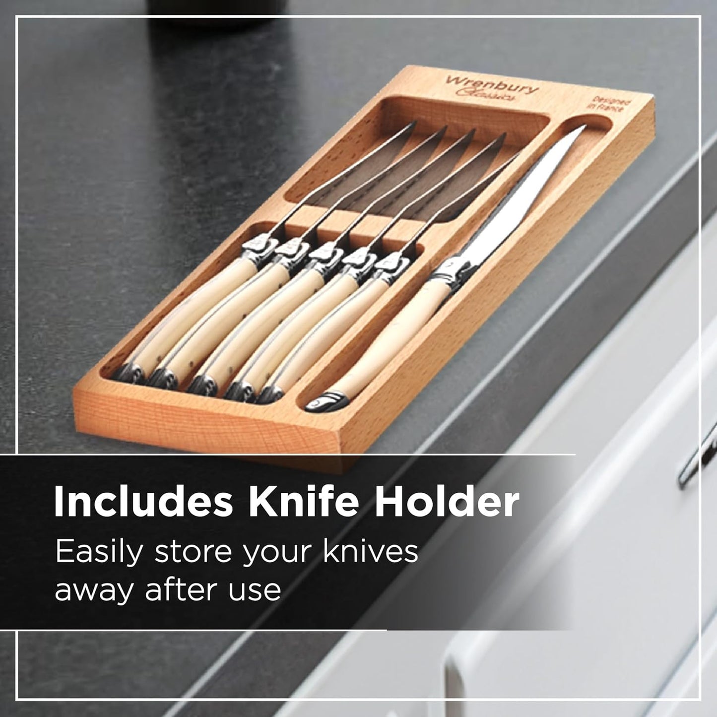 Wrenbury Laguiole Steak Knives Set of 6 Stainless Steel French Design Serrated Dinner Knife Set for Dining and Gifting - Ivory