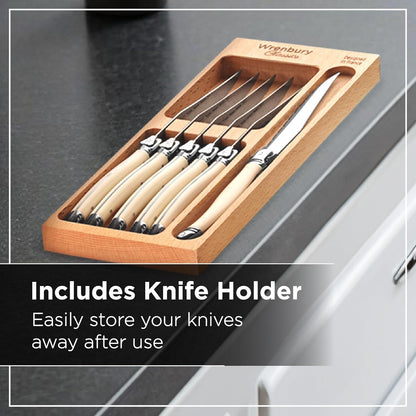 Wrenbury Laguiole Steak Knives Set of 6 Stainless Steel French Design Serrated Dinner Knife Set for Dining and Gifting - Ivory