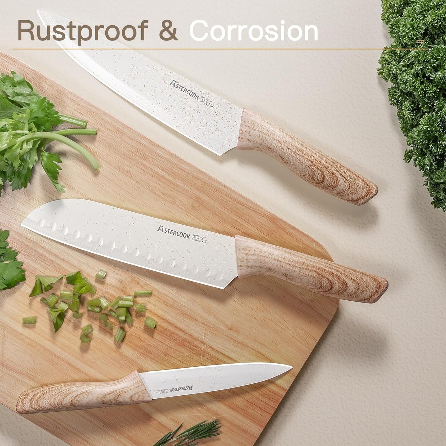 Astercook Knife Set, 13 Pieces Kitchen Knives Set with Ceramic Coating, Stainless Steel Chef Knife Sets with 6 Blade Guards, Dishwasher Safe Knives with Wooden Handle, White Mothers Day Gifts