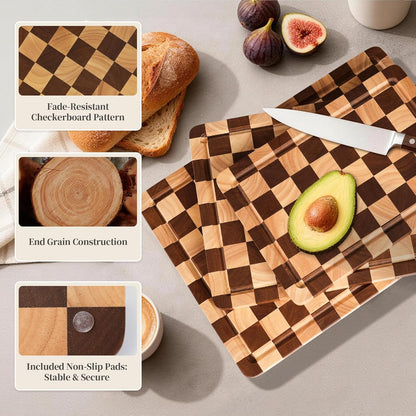 Checkered Cutting Board for Kitchen - Solid Wood End Grain Checkerboard Chopping Board with Handle & Juice Groove, Double Sided for Cooking, Serving and Decor, Rectangular 16" x 12" x 1"