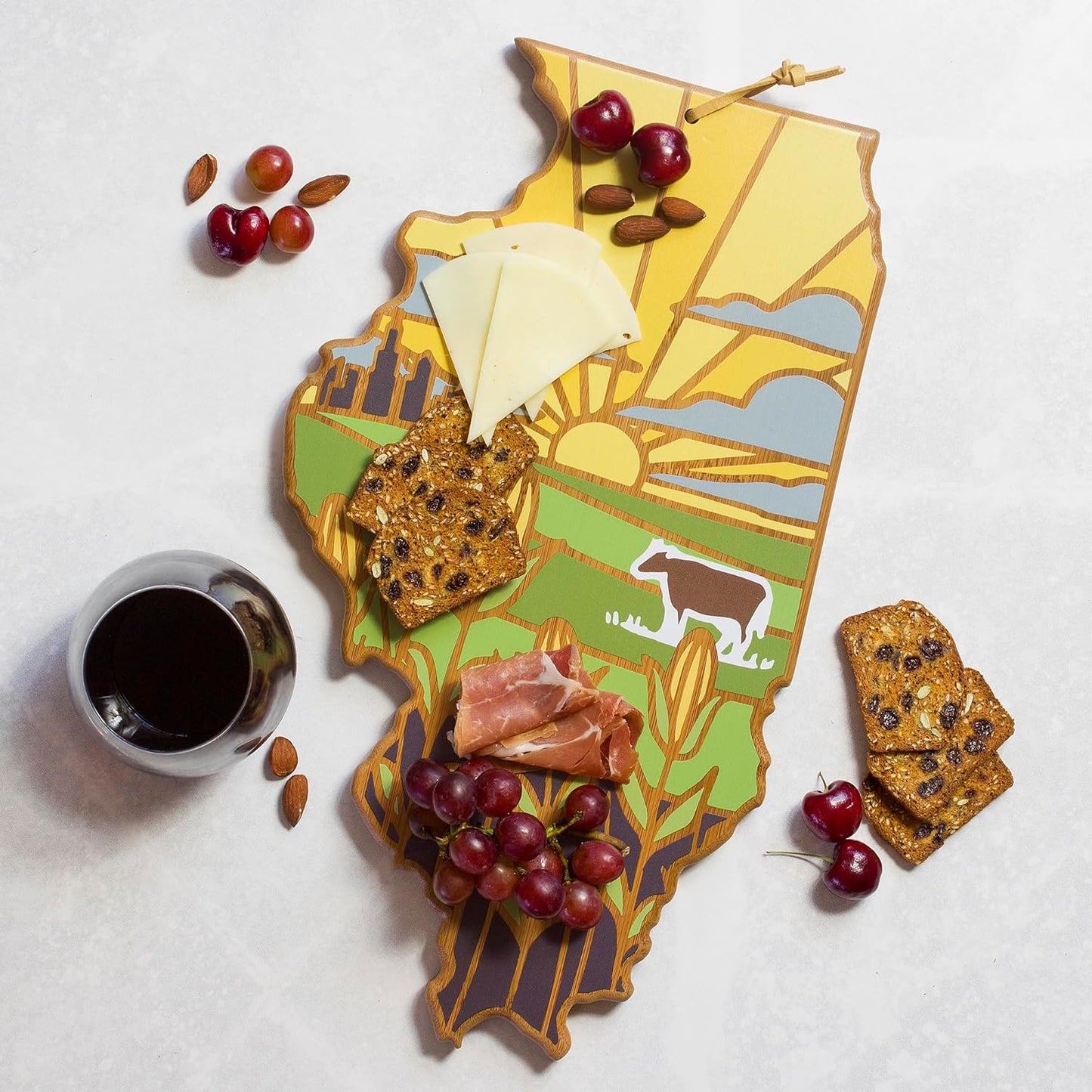 Totally Bamboo North Carolina State Shaped Cutting Board and Charcuterie Serving Platter with Artwork by Summer Stokes, Includes Hang Tie for Wall Display 18" x 8" x 5/8" - Colors A