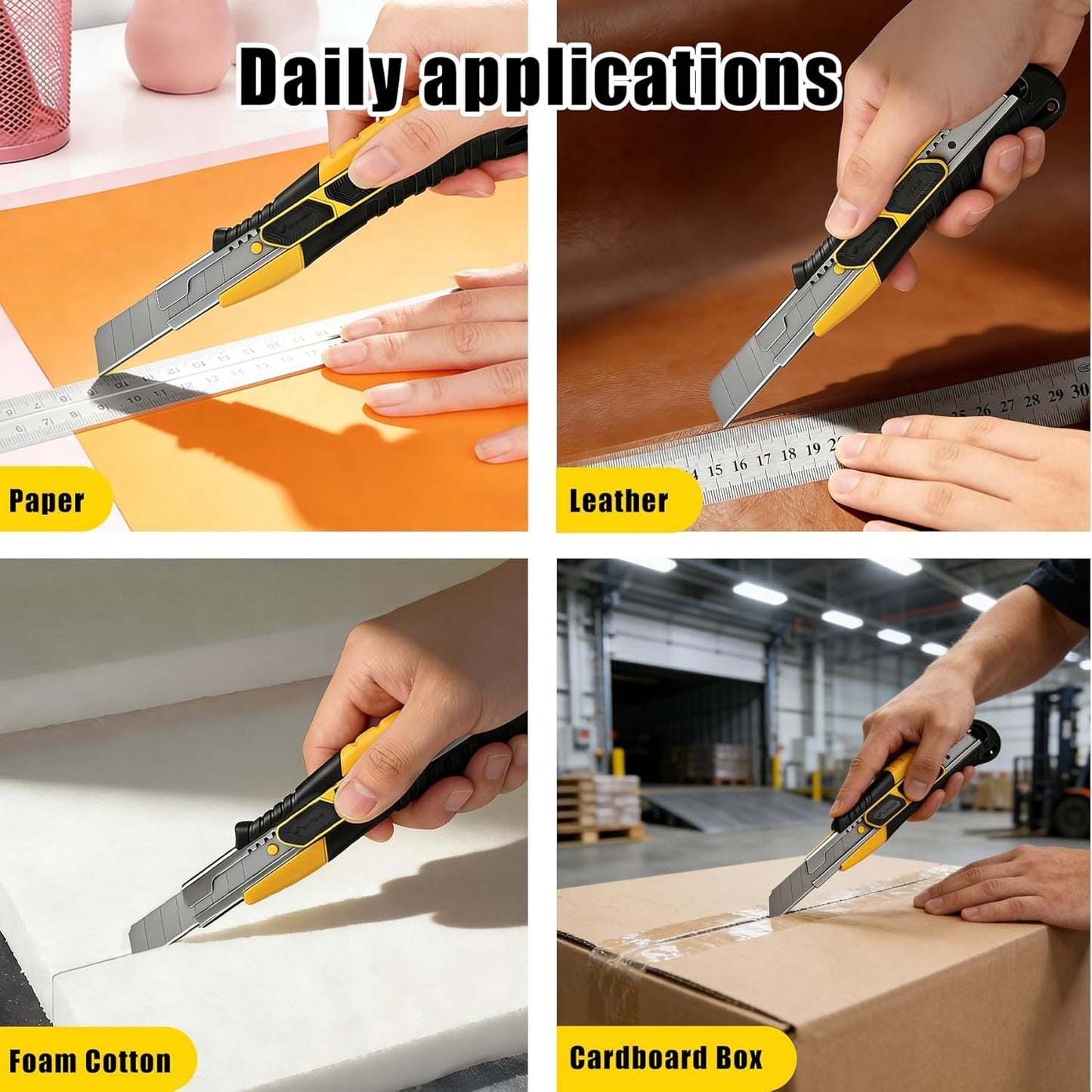 Dual-Mode Box Cutter Retractable for Warehouse,Locking Professional Work Knife, Auto-Retract Box Knife,18mm Heavy Duty Utility Knife with Metal Rail,Spare Blade Storage.1 Knife+10 Blades