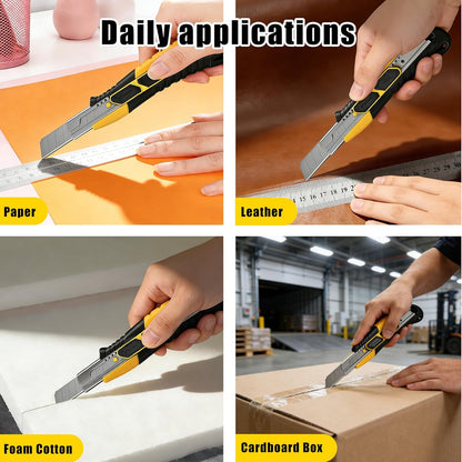 Dual-Mode Box Cutter Retractable for Warehouse,Locking Professional Work Knife, Auto-Retract Box Knife,18mm Heavy Duty Utility Knife with Metal Rail,Spare Blade Storage.1 Knife+10 Blades