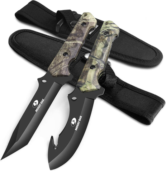 MOSSY OAK Fixed Blade Hunting Knife Set - 2 Piece, Full Tang Handle Straight Edge and Gut Hook Blades Game Processing Knife, Sheath Included