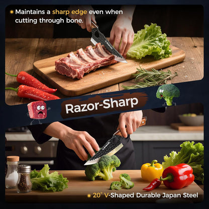 Butcher Knife for Cutting Set of 3, Hand Forged Meat Cleaver Knife for Cooking, High Carbon Kitchen Knife & Serbian Chef Knife & Boning Knife for Home, Outdoor Camping, BBQ, Gift for Men