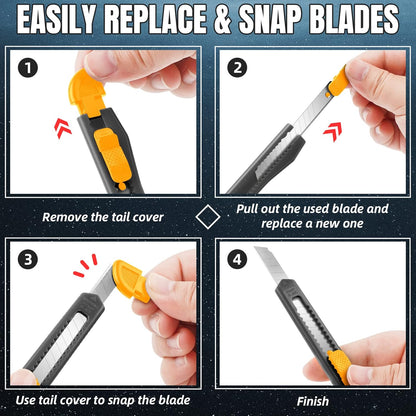 4 Pack Box Cutter Retractable, Utility Knife 9MM Wide Snap-Off Blades, Exacto Knife for Cutting Box, Wrapping, Cardboard, Extended Razor Knife, Box Opener Perfect for Office, Home, School