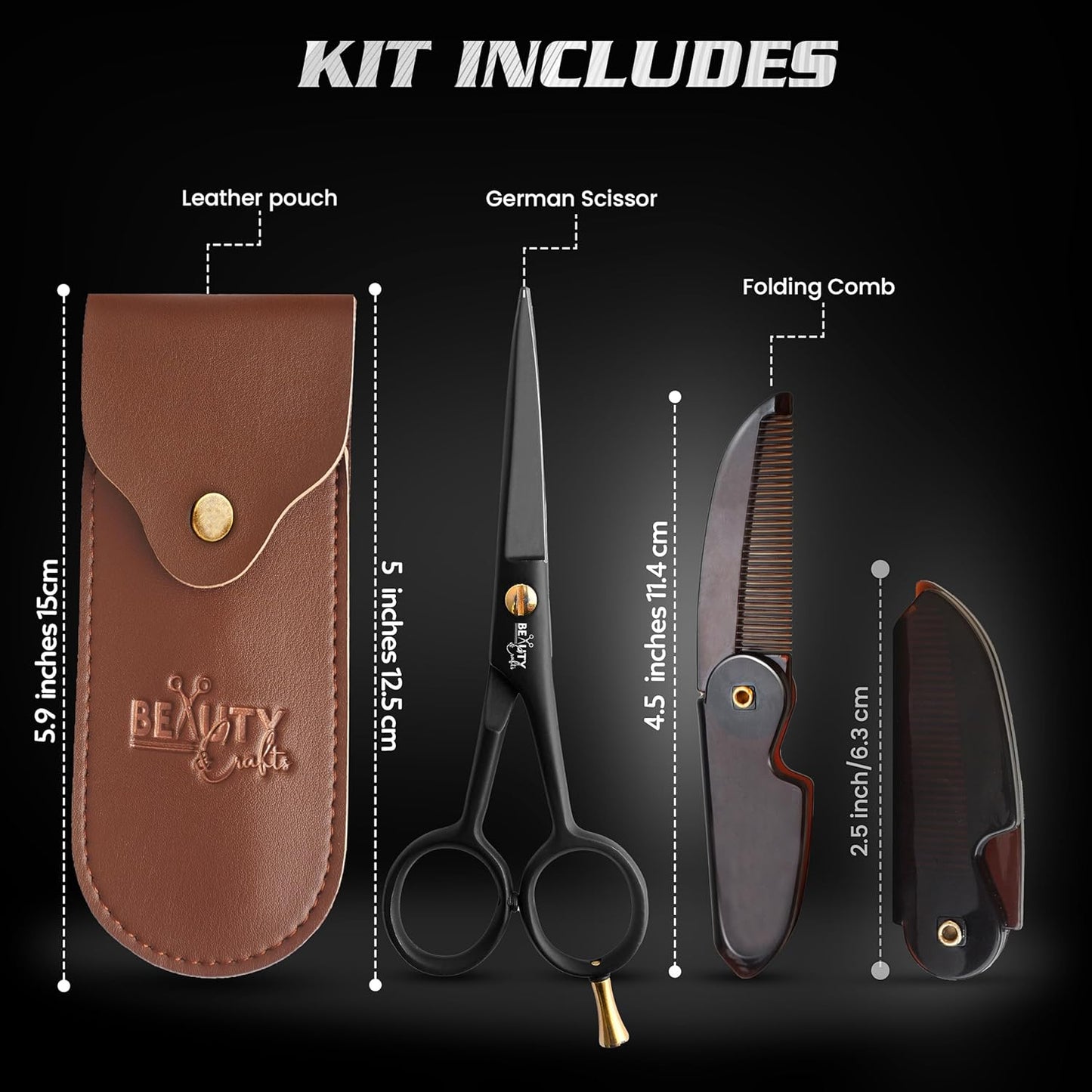 Beauty & Crafts 5” Professional Beard & Mustache Scissors for Men | German Stainless Steel Beard Trimming Shears with 2 Mustache Combs & Premium Pouch for All Facial Hair (Black)