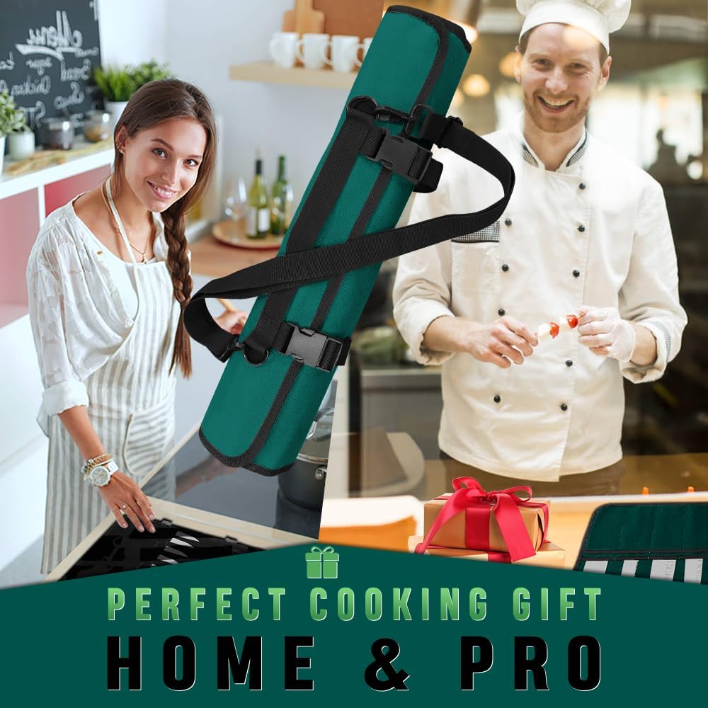 Chef Knife Bag With 24 Slots Cutlery Knives Holders Protectors, Kitchen Travel Cooking Tools, Portable Canvas Knife Roll Storage Bag Chef Case for Camping or Working with an Adjustable Shoulder Strap