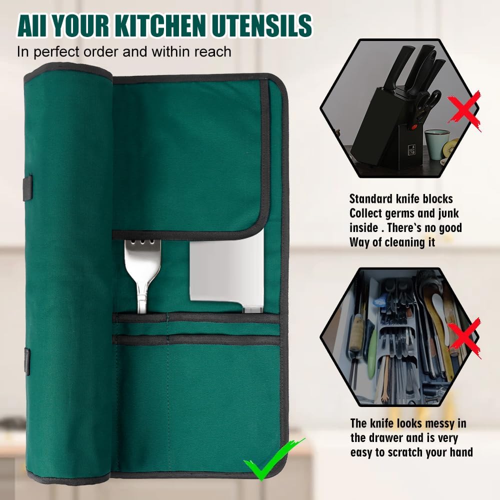 Chef Knife Bag With 24 Slots Cutlery Knives Holders Protectors, Kitchen Travel Cooking Tools, Portable Canvas Knife Roll Storage Bag Chef Case for Camping or Working with an Adjustable Shoulder Strap