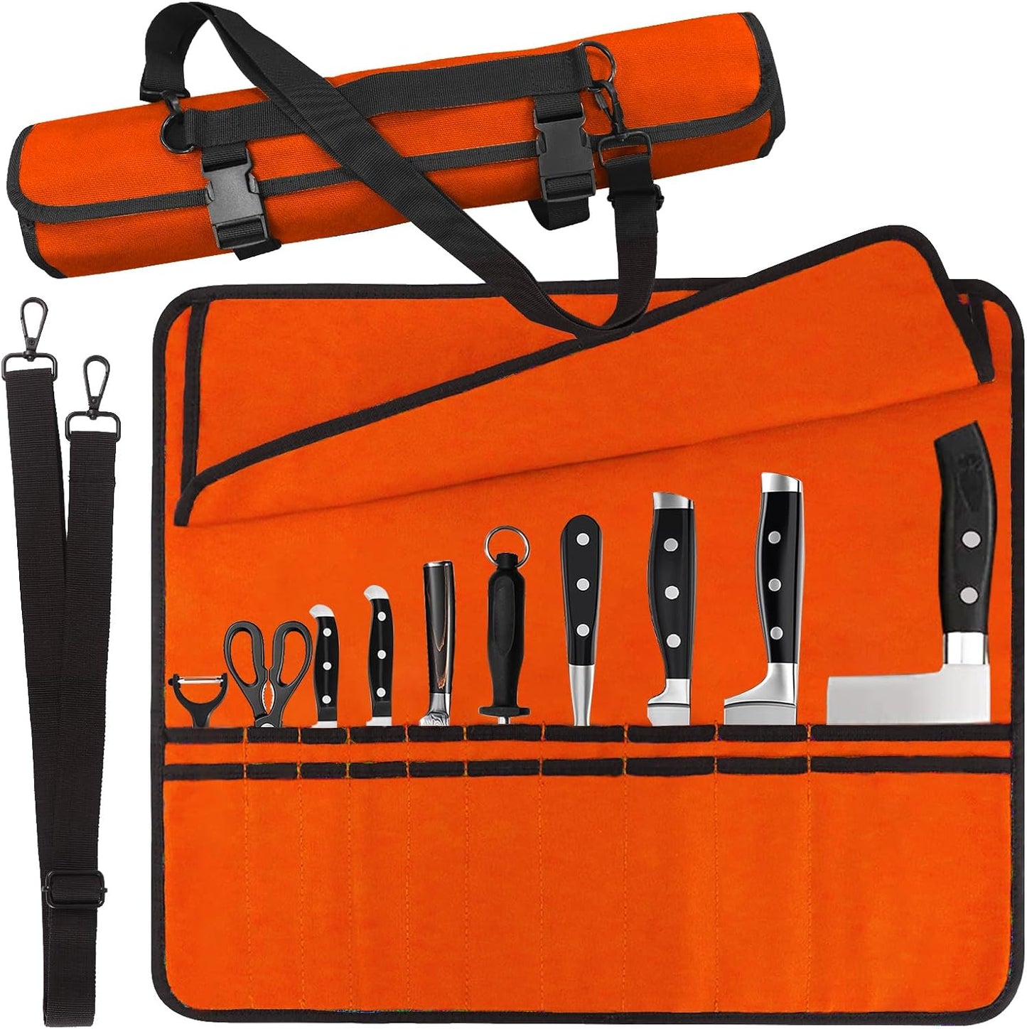 Chef Knife Bag With 24 Slots Cutlery Knives Holders Protectors, Kitchen Travel Cooking Tools, Portable Canvas Knife Roll Storage Bag Chef Case for Camping or Working with an Adjustable Shoulder Strap