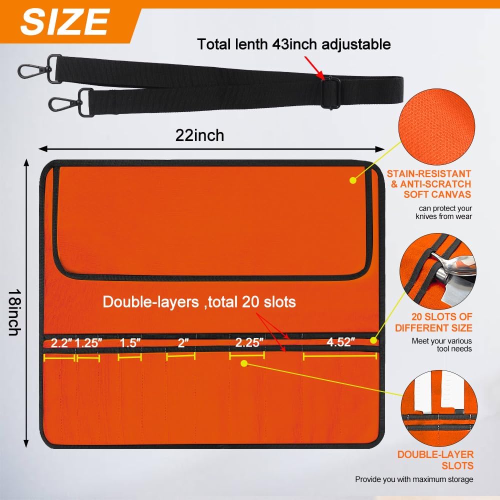 Chef Knife Bag With 24 Slots Cutlery Knives Holders Protectors, Kitchen Travel Cooking Tools, Portable Canvas Knife Roll Storage Bag Chef Case for Camping or Working with an Adjustable Shoulder Strap