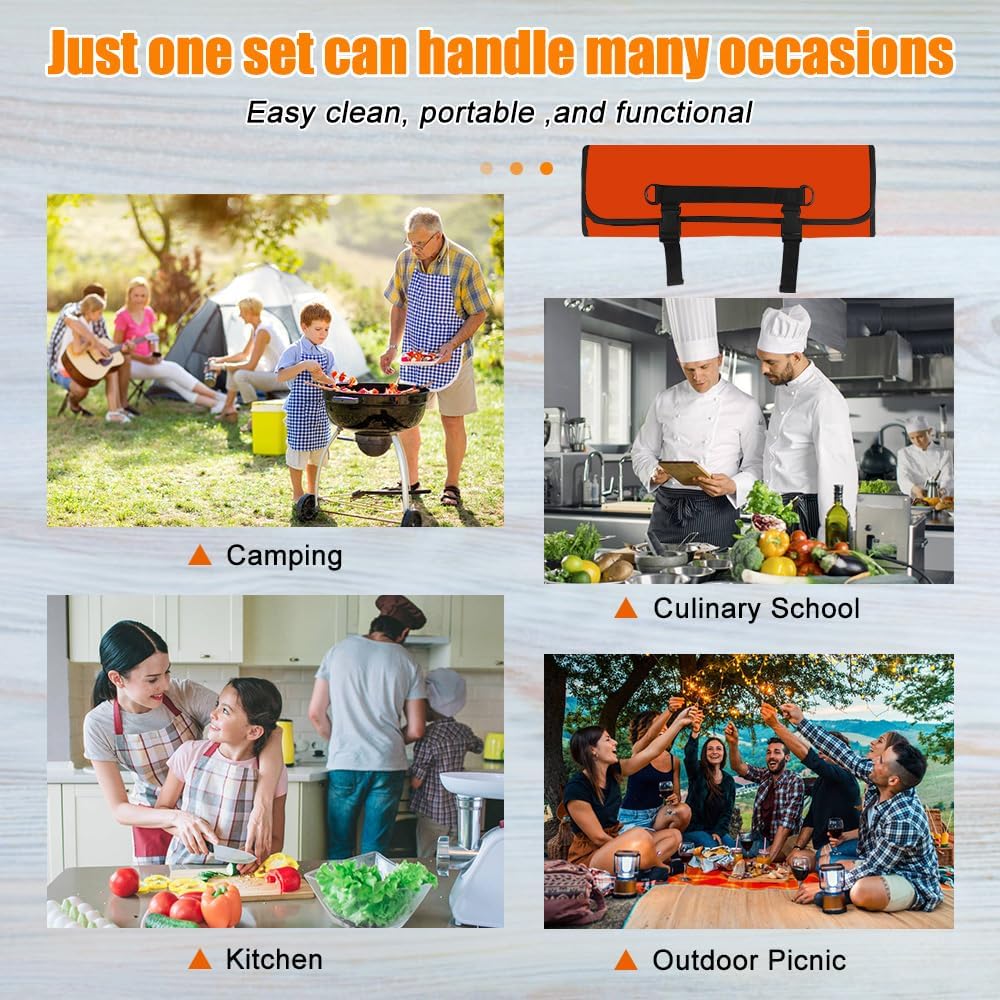 Chef Knife Bag With 24 Slots Cutlery Knives Holders Protectors, Kitchen Travel Cooking Tools, Portable Canvas Knife Roll Storage Bag Chef Case for Camping or Working with an Adjustable Shoulder Strap