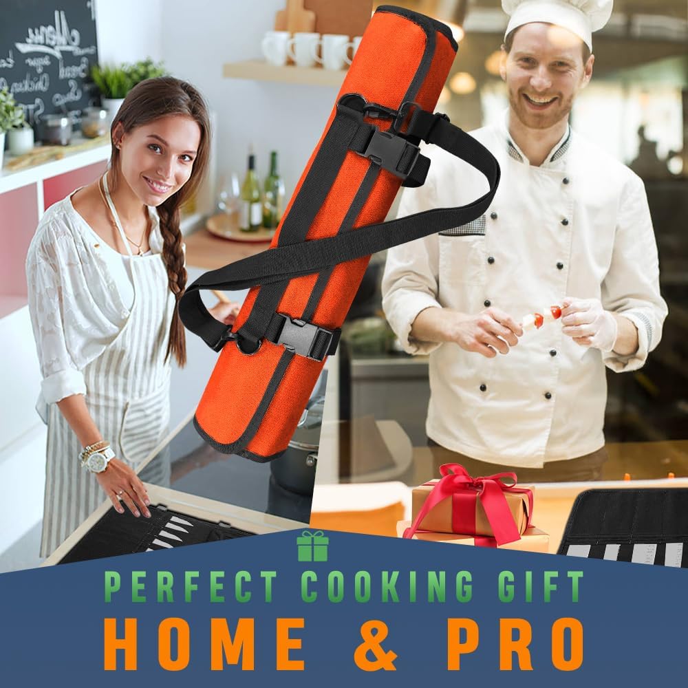 Chef Knife Bag With 24 Slots Cutlery Knives Holders Protectors, Kitchen Travel Cooking Tools, Portable Canvas Knife Roll Storage Bag Chef Case for Camping or Working with an Adjustable Shoulder Strap