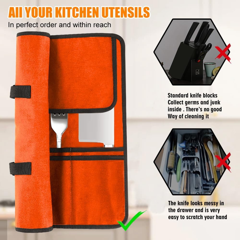 Chef Knife Bag With 24 Slots Cutlery Knives Holders Protectors, Kitchen Travel Cooking Tools, Portable Canvas Knife Roll Storage Bag Chef Case for Camping or Working with an Adjustable Shoulder Strap