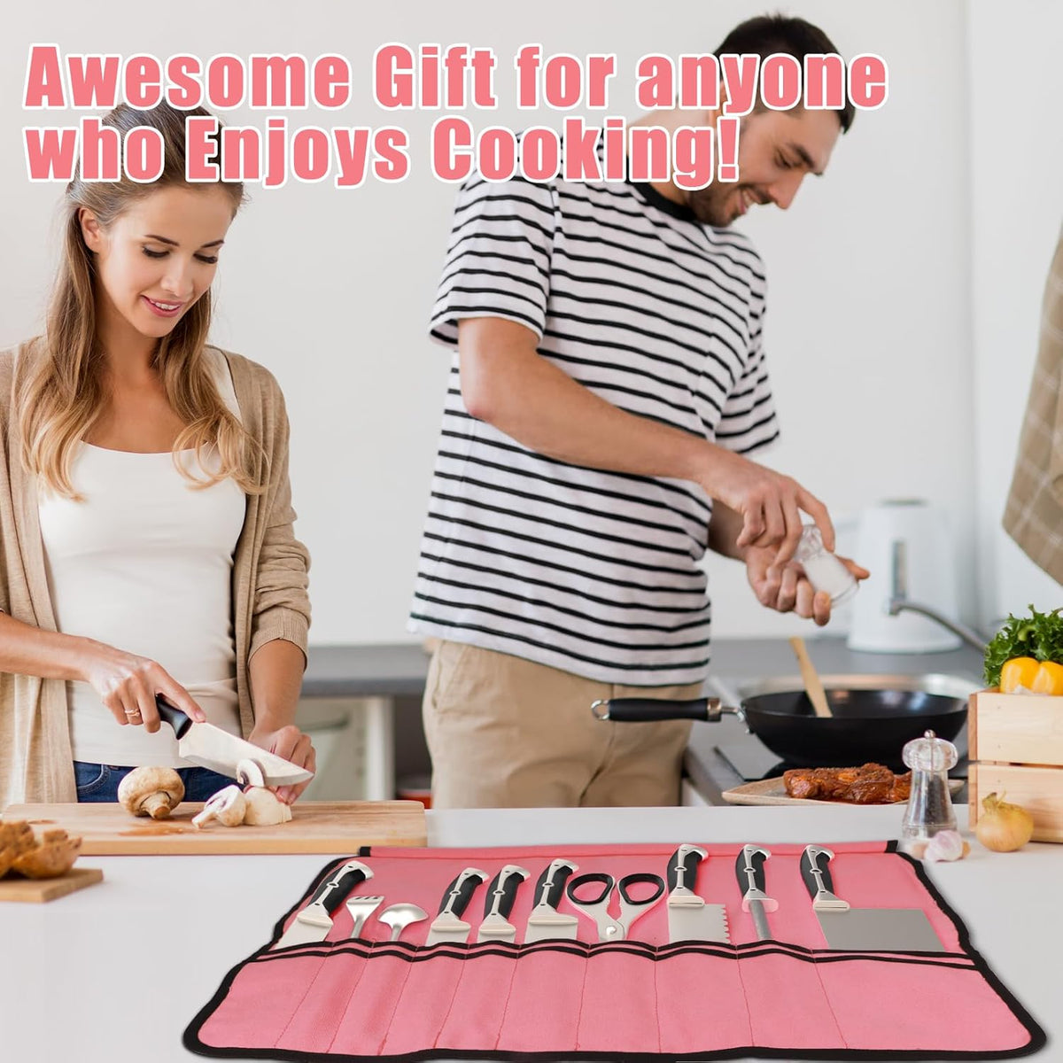 Chef Knife Bag With 24 Slots Cutlery Knives Holders Protectors, Kitchen Travel Cooking Tools, Portable Canvas Knife Roll Storage Bag Chef Case for Camping or Working with an Adjustable Shoulder Strap