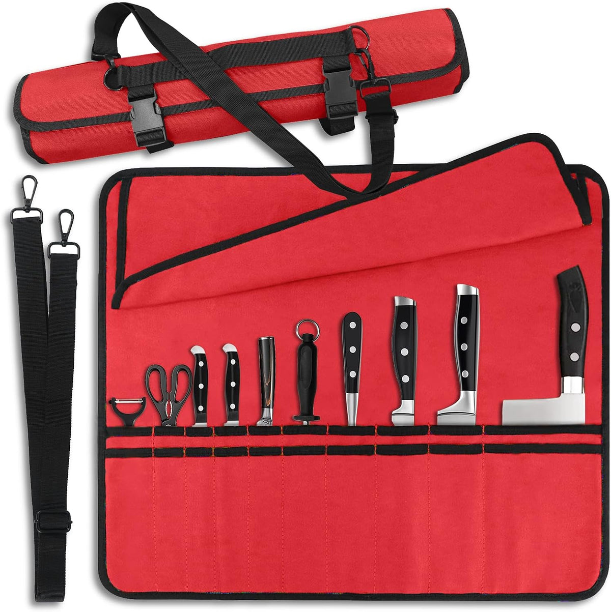 Chef Knife Bag With 24 Slots Cutlery Knives Holders Protectors, Kitchen Travel Cooking Tools, Portable Canvas Knife Roll Storage Bag Chef Case for Camping or Working with an Adjustable Shoulder Strap