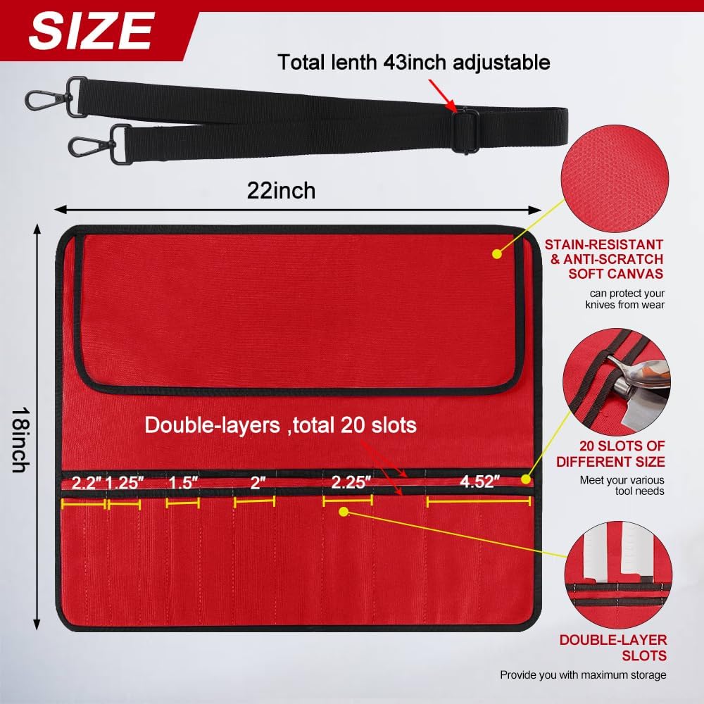 Chef Knife Bag With 24 Slots Cutlery Knives Holders Protectors, Kitchen Travel Cooking Tools, Portable Canvas Knife Roll Storage Bag Chef Case for Camping or Working with an Adjustable Shoulder Strap