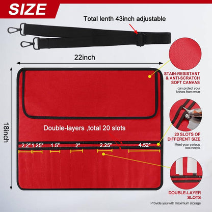 Chef Knife Bag With 24 Slots Cutlery Knives Holders Protectors, Kitchen Travel Cooking Tools, Portable Canvas Knife Roll Storage Bag Chef Case for Camping or Working with an Adjustable Shoulder Strap