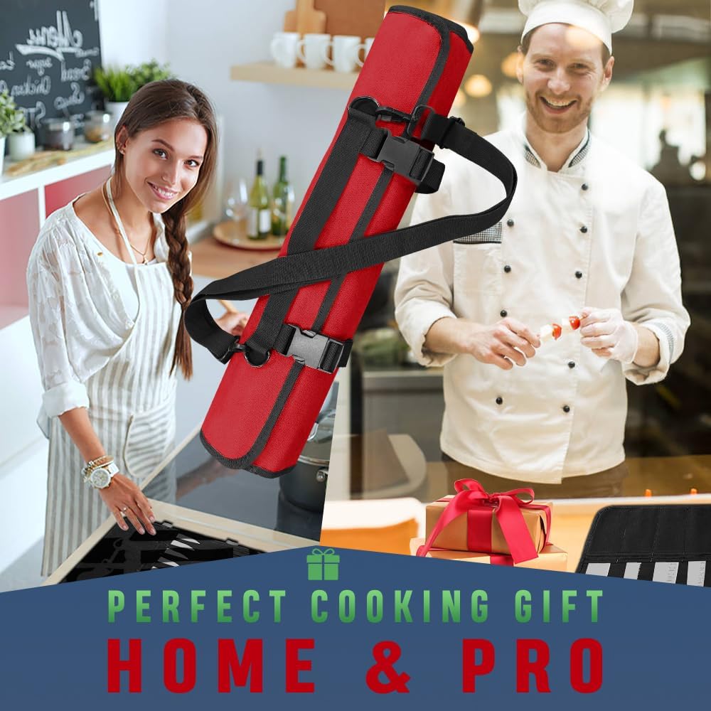 Chef Knife Bag With 24 Slots Cutlery Knives Holders Protectors, Kitchen Travel Cooking Tools, Portable Canvas Knife Roll Storage Bag Chef Case for Camping or Working with an Adjustable Shoulder Strap