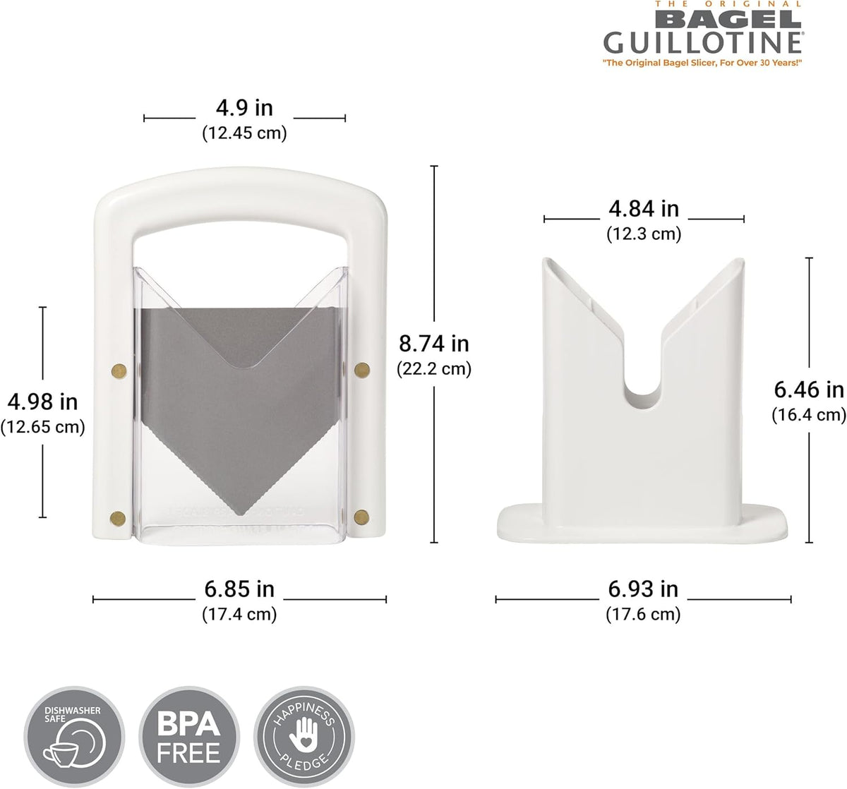 The Original Bagel Guillotine Slicer - 9.25-Inch Stainless Steel Blade Slicer - Safe and Efficient Easy Bagel Cutter for Muffins, Rolls, Buns with Precision Ground Serrated Blade (White)