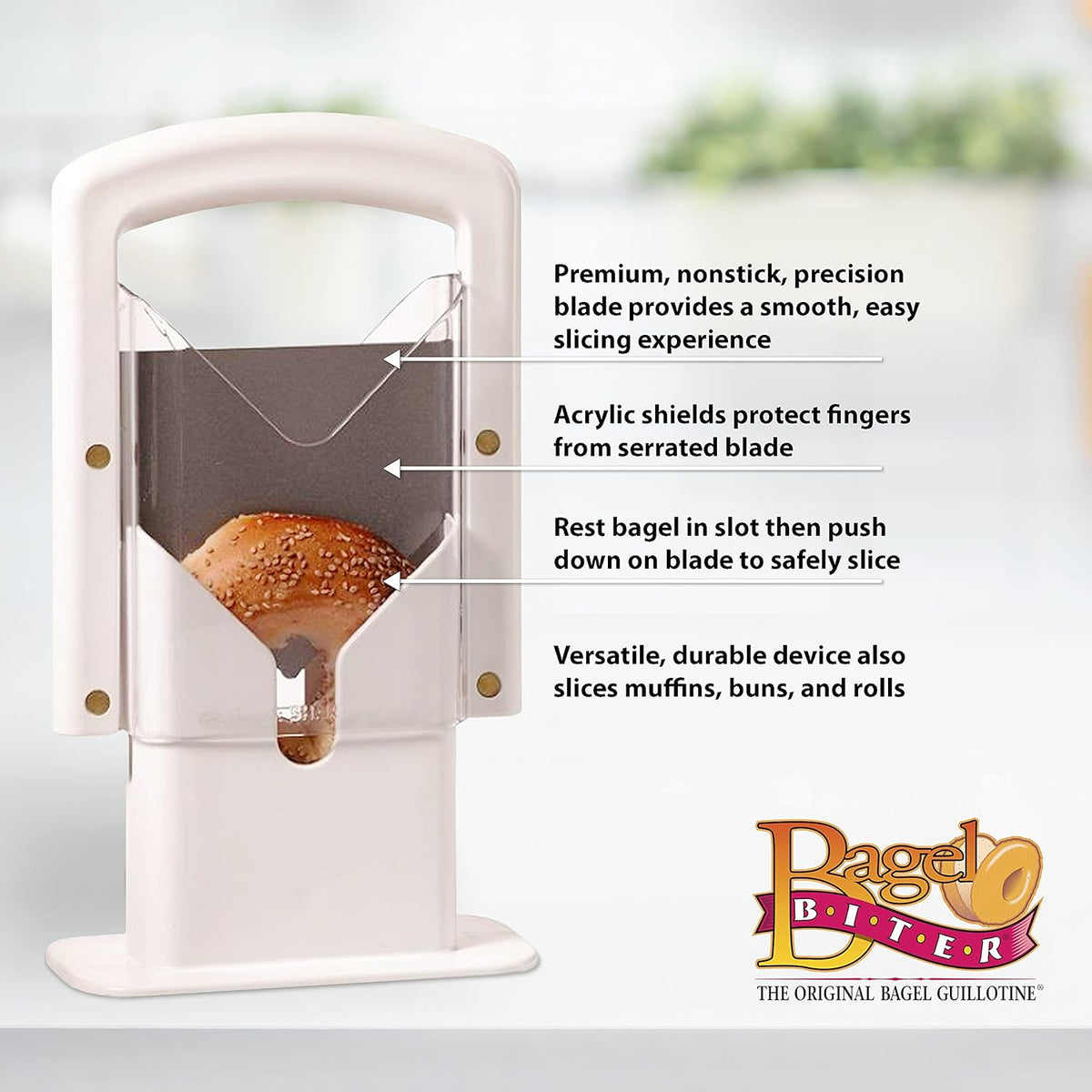 The Original Bagel Guillotine Slicer - 9.25-Inch Stainless Steel Blade Slicer - Safe and Efficient Easy Bagel Cutter for Muffins, Rolls, Buns with Precision Ground Serrated Blade (White)