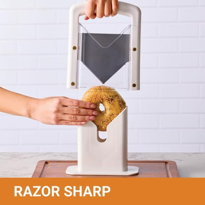 The Original Bagel Guillotine Slicer - 9.25-Inch Stainless Steel Blade Slicer - Safe and Efficient Easy Bagel Cutter for Muffins, Rolls, Buns with Precision Ground Serrated Blade (White)