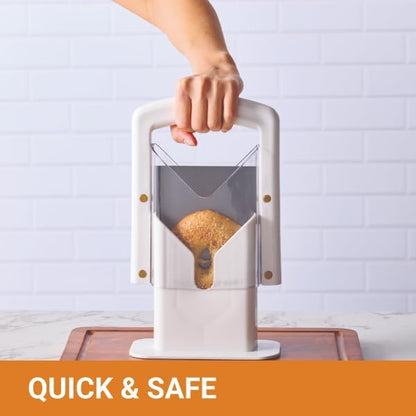The Original Bagel Guillotine Slicer - 9.25-Inch Stainless Steel Blade Slicer - Safe and Efficient Easy Bagel Cutter for Muffins, Rolls, Buns with Precision Ground Serrated Blade (White)