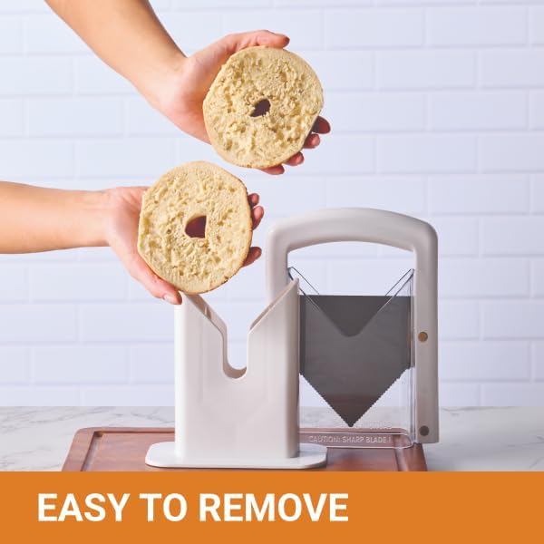 The Original Bagel Guillotine Slicer - 9.25-Inch Stainless Steel Blade Slicer - Safe and Efficient Easy Bagel Cutter for Muffins, Rolls, Buns with Precision Ground Serrated Blade (White)