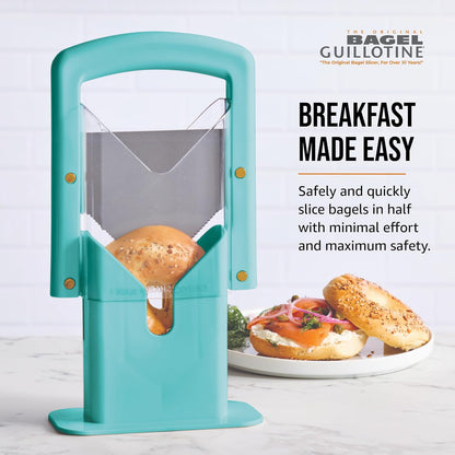 The Original Bagel Guillotine Slicer - 9.25-Inch Stainless Steel Blade Slicer - Safe and Efficient Easy Bagel Cutter for Muffins, Rolls, Buns with Precision Ground Serrated Blade (White)