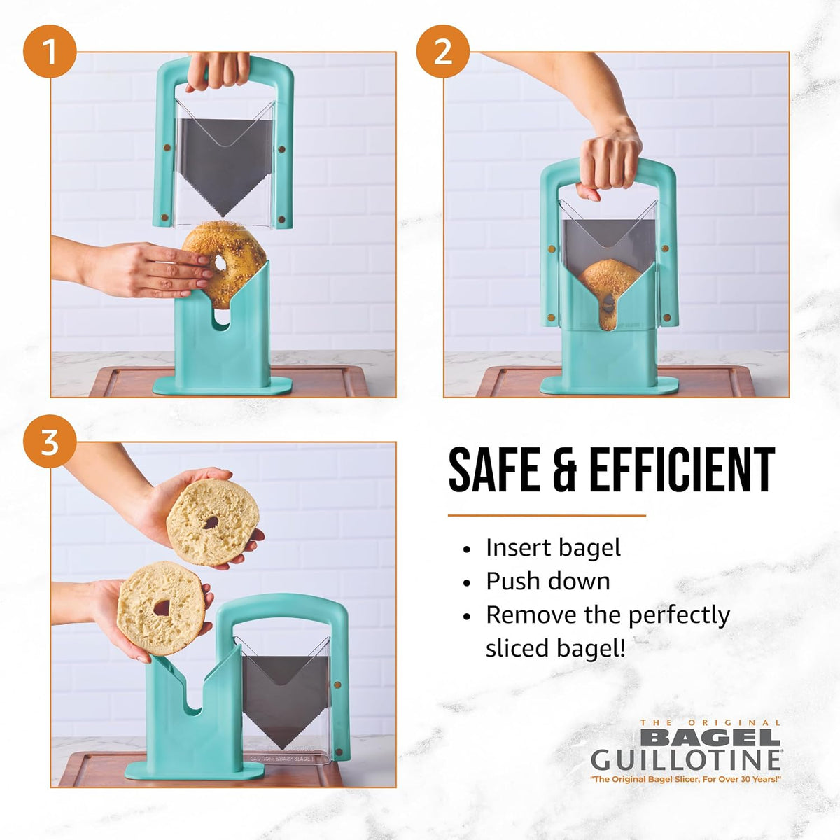 The Original Bagel Guillotine Slicer - 9.25-Inch Stainless Steel Blade Slicer - Safe and Efficient Easy Bagel Cutter for Muffins, Rolls, Buns with Precision Ground Serrated Blade (White)