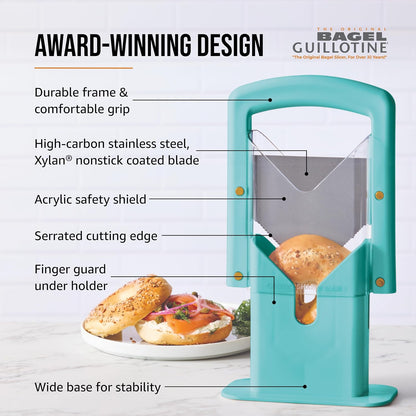 The Original Bagel Guillotine Slicer - 9.25-Inch Stainless Steel Blade Slicer - Safe and Efficient Easy Bagel Cutter for Muffins, Rolls, Buns with Precision Ground Serrated Blade (White)