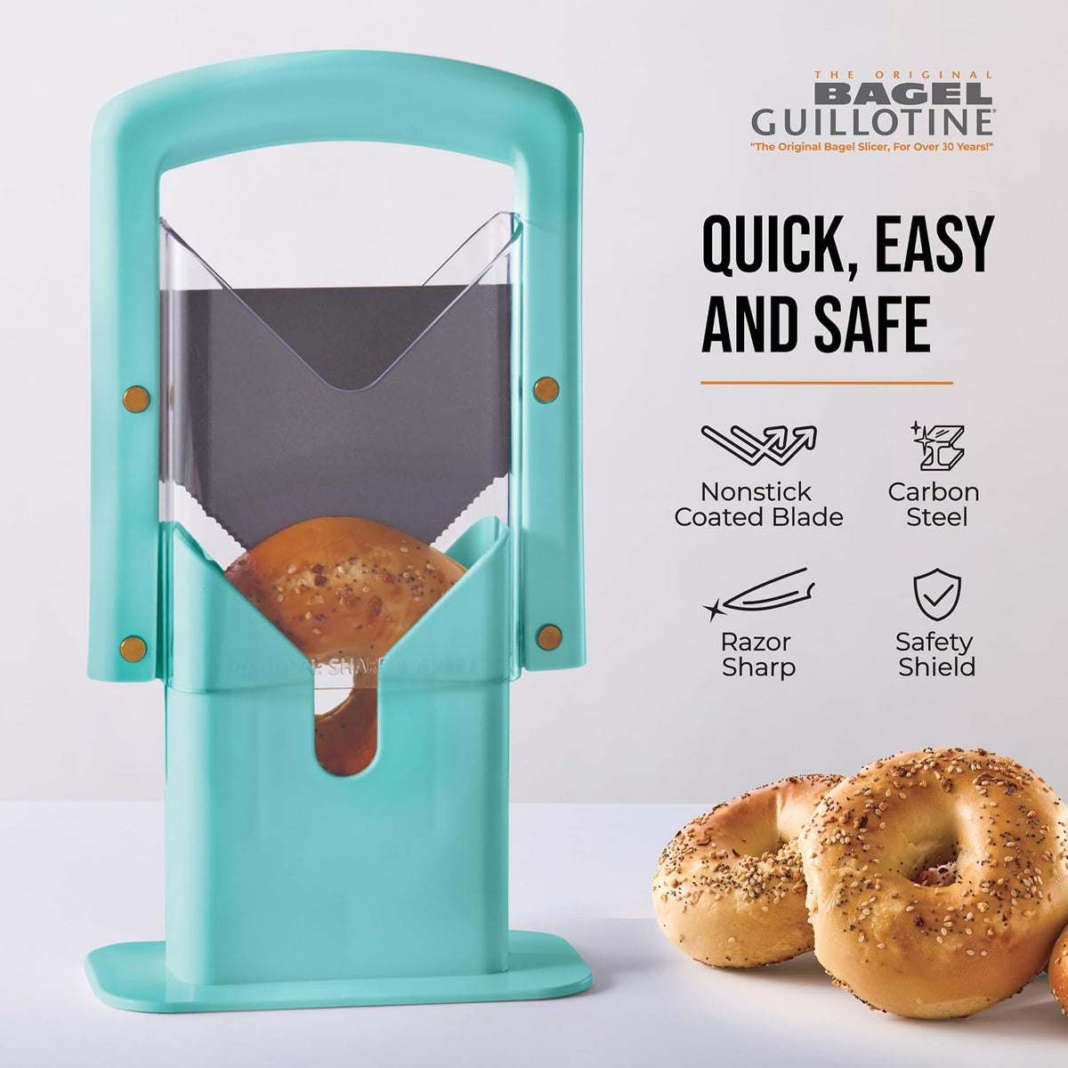 The Original Bagel Guillotine Slicer - 9.25-Inch Stainless Steel Blade Slicer - Safe and Efficient Easy Bagel Cutter for Muffins, Rolls, Buns with Precision Ground Serrated Blade (White)